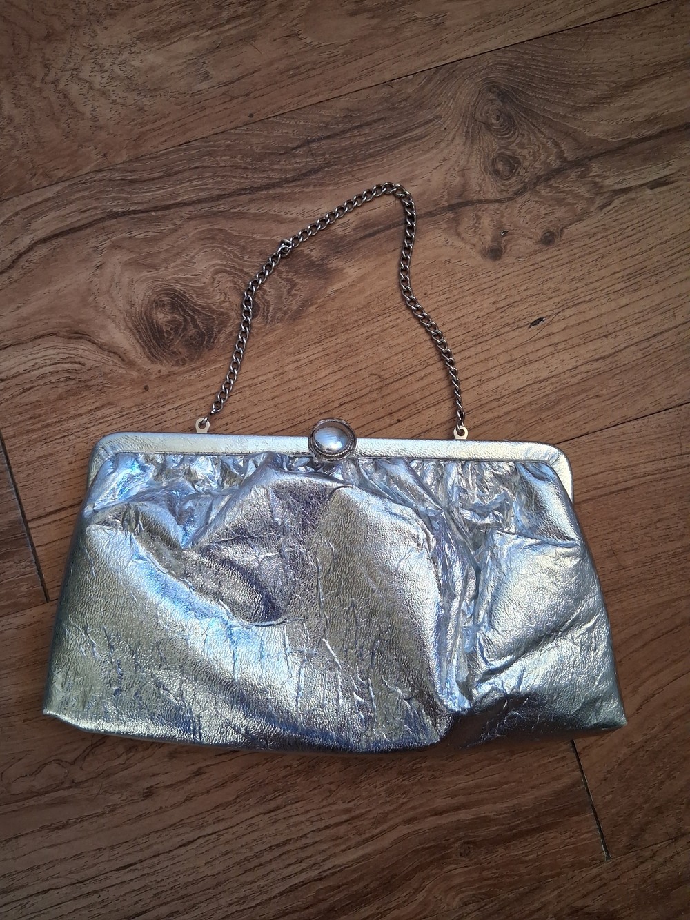 Vintage Silver Metallic Evening Clutch with Chain Handle